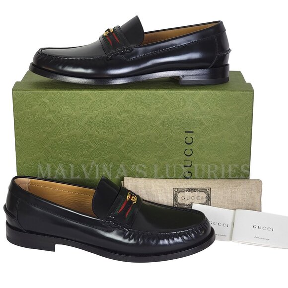 GUCCI SHOES MENS LOAFERS WEB BIT-STRAP G LOGO BLACK LEATHER sz 12.5 US 13 - Picture 6 of 15